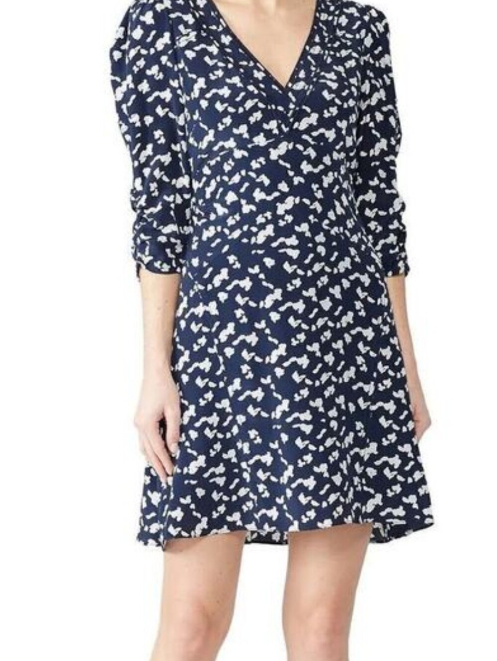 NWT Tanya Taylor Dylan Silk Navy Blue V-Neck Printed A-Line Dress 8